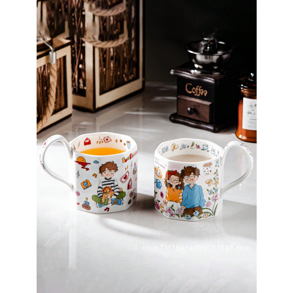 Coffee Tea Drawing - 1pc Hand-Painted Cartoon Ceramic Mug, Japanese