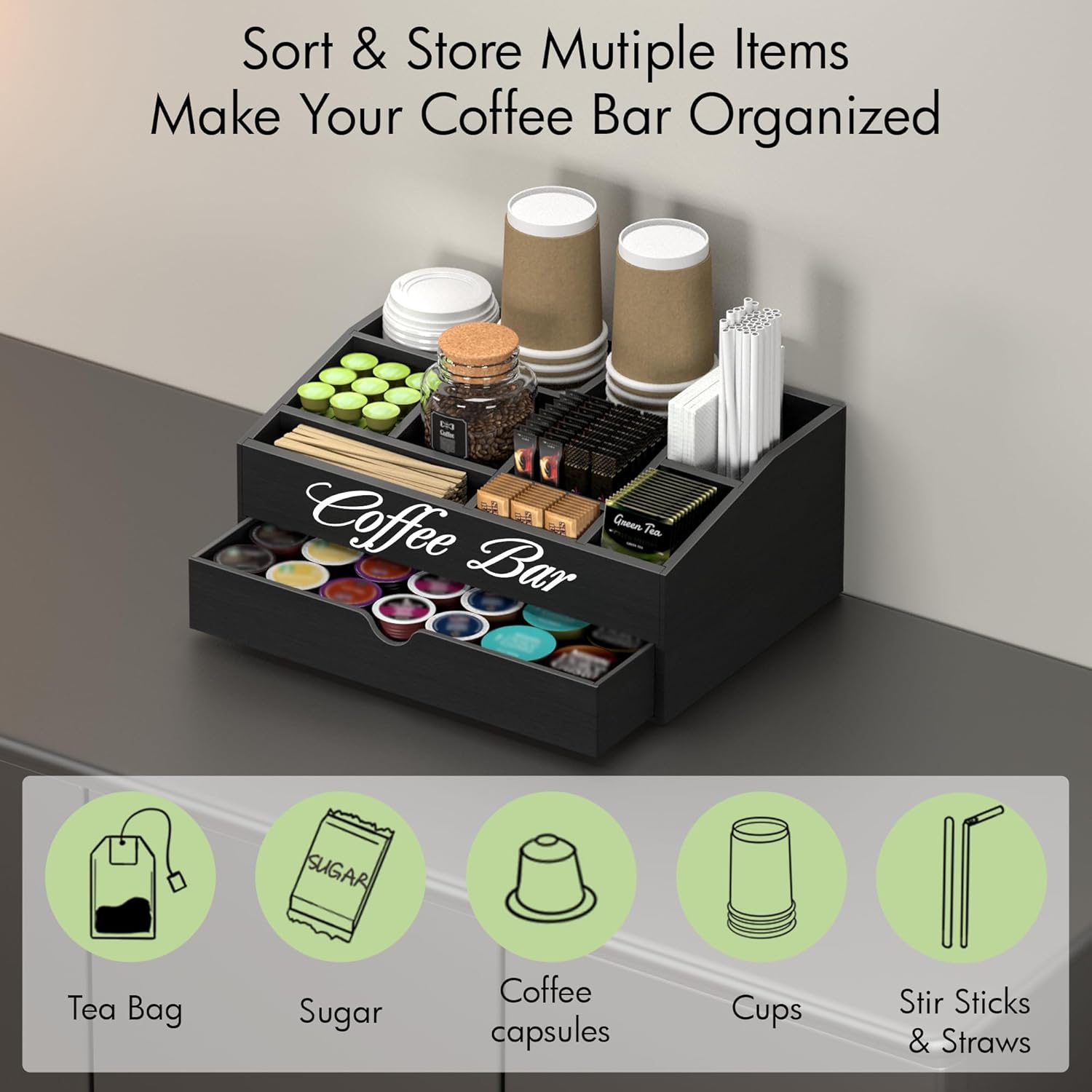 Extra Large Wooden Coffee Bar  - Coffee Tea Drawer Organizer 评论和价格